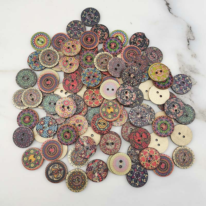 Set 100 Nút Gỗ Tròn 2 Lỗ In Họa Tiết Vintage Trang Trí Sổ Tay DIY