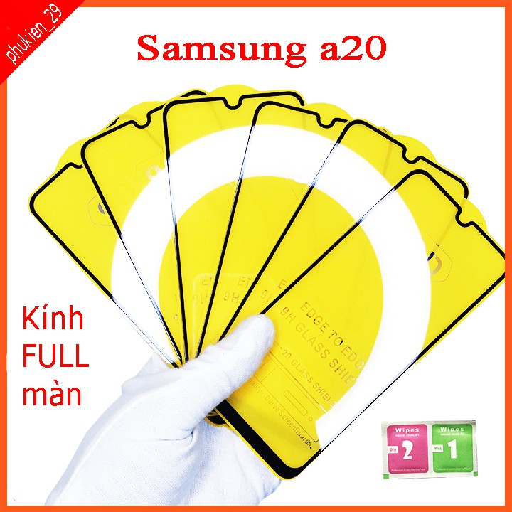 Kính cường lực Samsung A20  full màn hình, Ảnh thực shop tự chụp, tặng kèm bộ giấy lau kính taiyoshop2