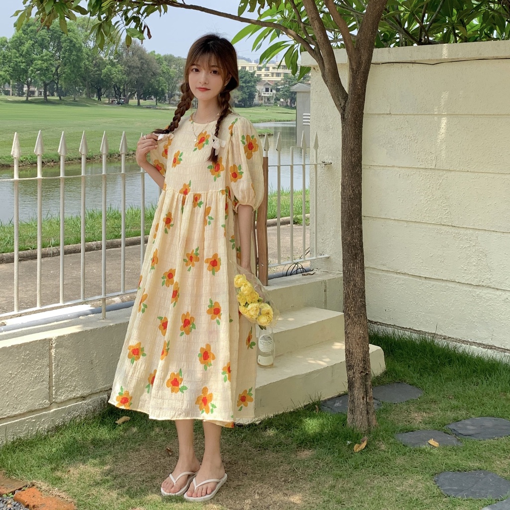 Đầm babydoll hoa vàng, váy maxi hoa dáng rộng tay phồng 2 lớp - V79