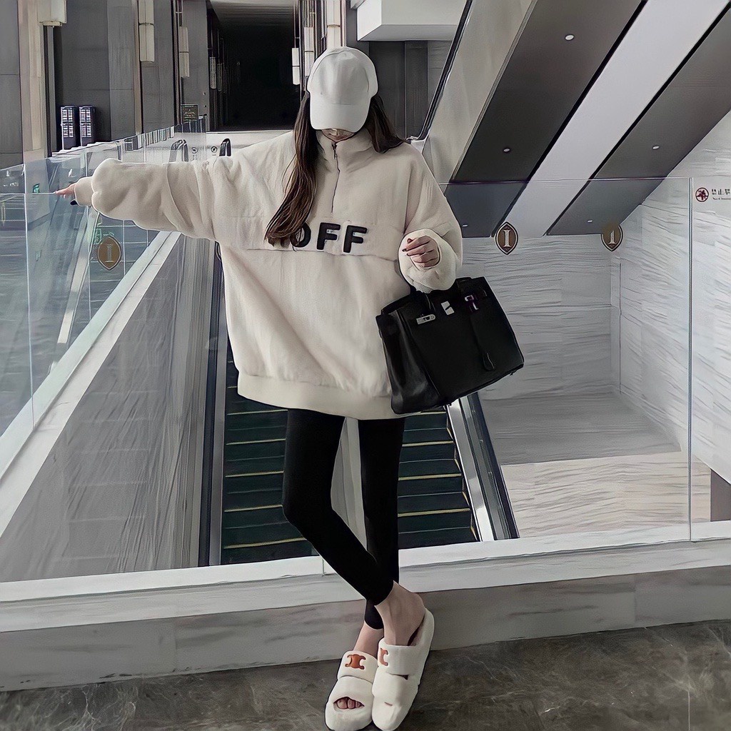 Áo khoác lông màu trắng thiết kế họa tiết chữ OFF KUDOSHOP Áo khoác ngoài form rộng unisex dễ phối đồ