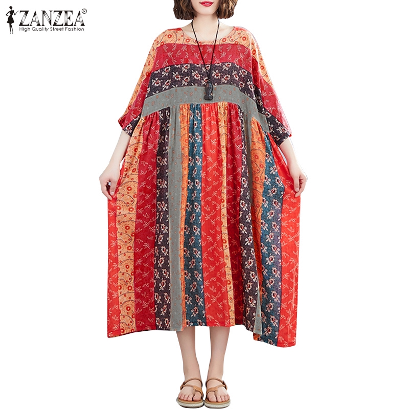 Đầm Dài ZANZEA Thiết Kế Tay Ngắn In Hoa Văn Thời Trang Dành Cho Nữ | BigBuy360 - bigbuy360.vn