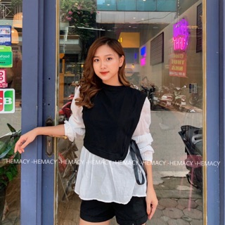 Áo sơ mi dáng peplum phối tay voan buộc nơ eo mùa thu