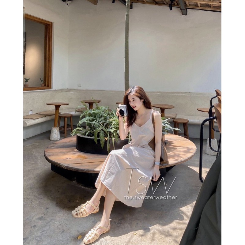 Váy hai dây đũi trơn hai màu be đen - Váy hai dây đũi mát | BigBuy360 - bigbuy360.vn