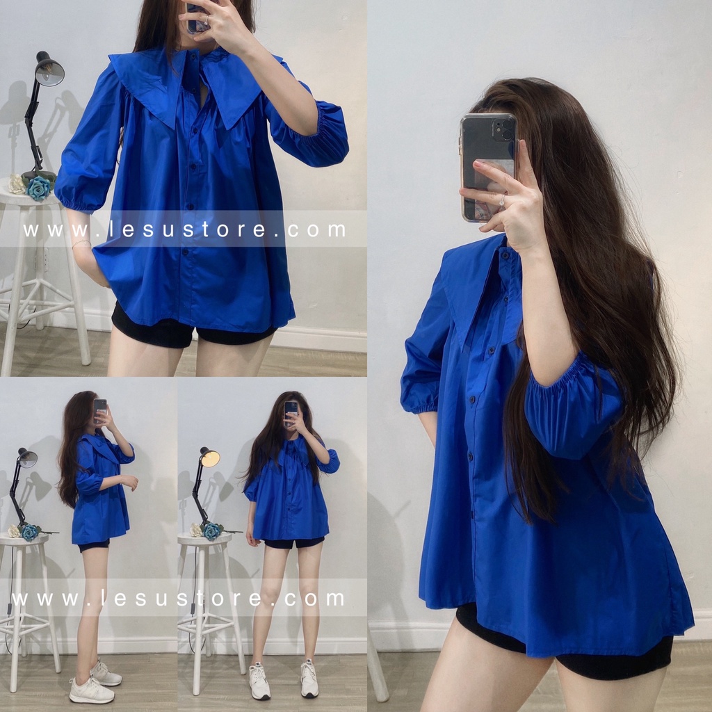 ẢNH TỰ CHỤP Áo babydoll xanh coban cổ én tay lở