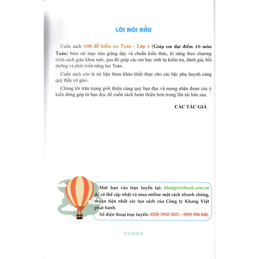 Sách Bổ Trợ - 100 Đề Kiểm Tra Toán Lớp 1 (Biên Soạn Theo Chương Trình Mới) - Giúp Em Đạt Điểm 10 Môn Toán