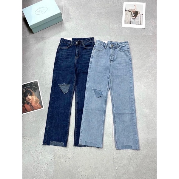 Quần bò cạp cao phom ống đứng rách đùi cắt gấu vuông hot trend