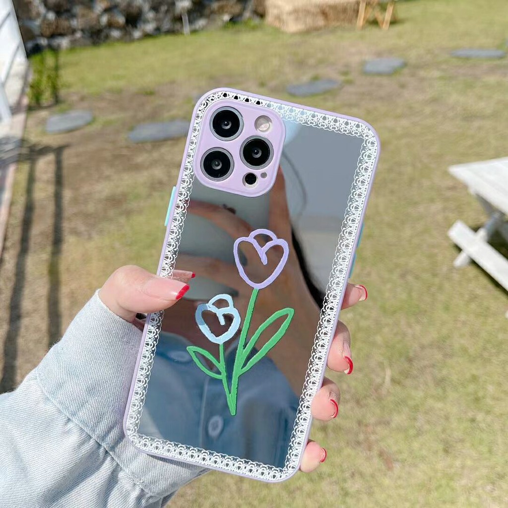 iPhone 11 12 Pro Max X Xs Max XR 8 7 6 6s Plus 12 Mini Fashion Tulip lines Mirror Phone Case Cartoon Straight Edge Pattern Phone Case