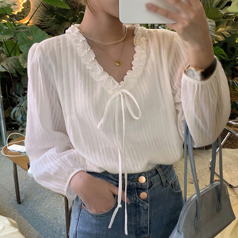 Áo sơ mi tay dài cổ chữ V màu sắc ngọt ngào phong cách Hàn Quốc thời trang cho nữ