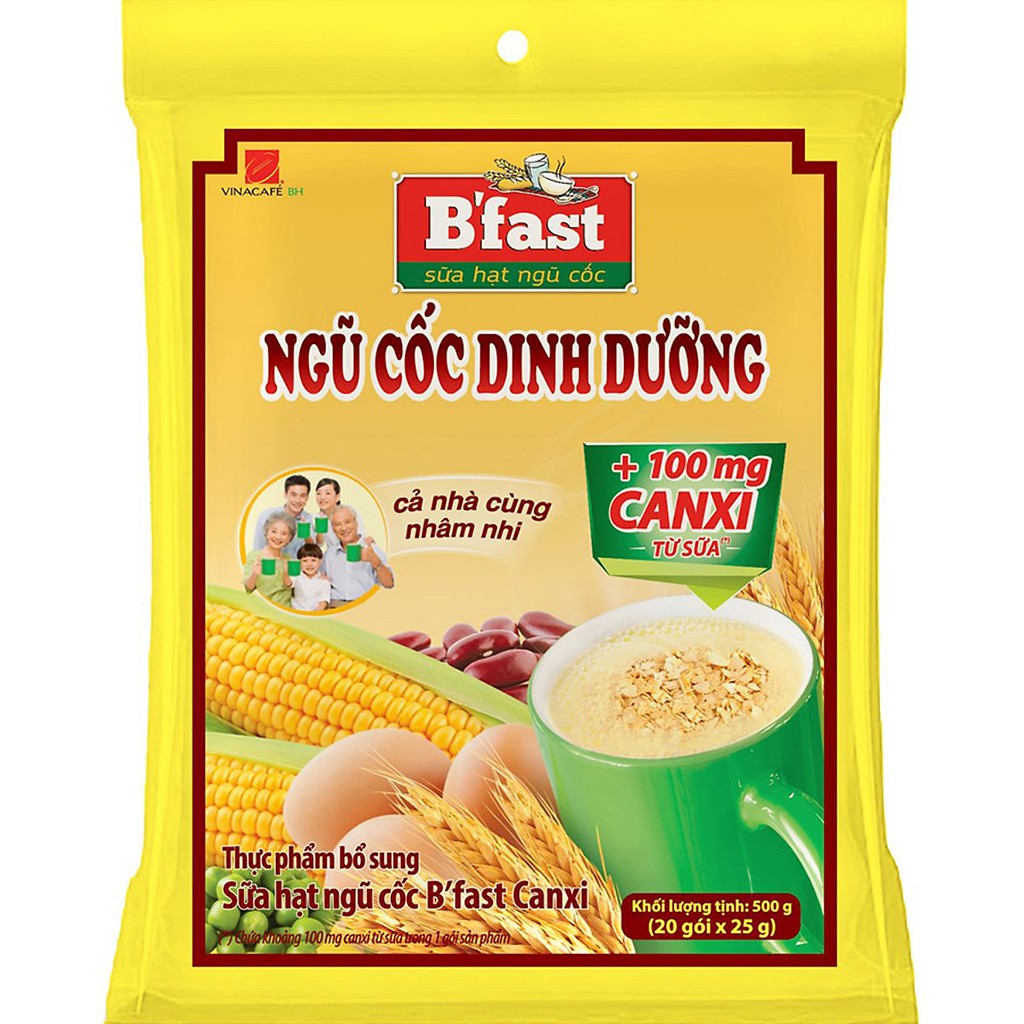 Ngũ cốc dinh dưỡng vinacafe' B'fast canxi bịch 500g(20 gói ×25g)