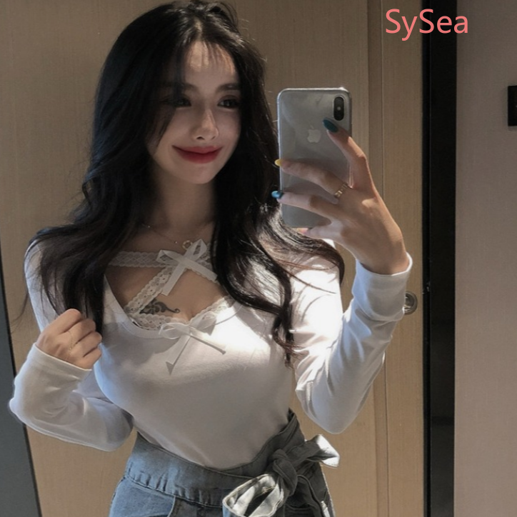 Áo Thun Dài Tay Phối Ren Hoa Thiết Kế Quyến Rũ Thời Trang Nữ