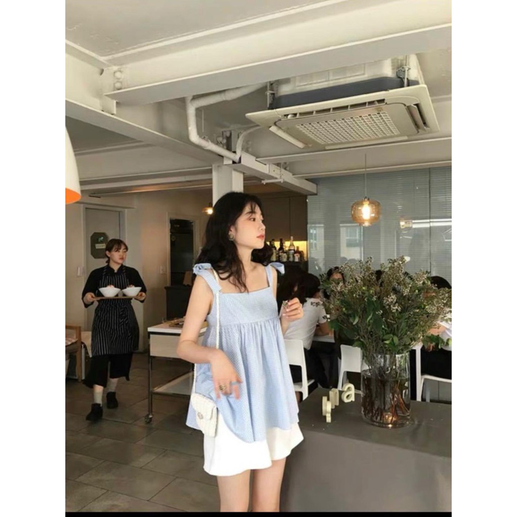 Sét áo babydoll 2 dây buộc nơ kẻ xanh kèm quần sooc trắng dễ thương, đáng yêu (kèm video/ảnh thật) Xưởng Sỉ Nguyễn Hoa