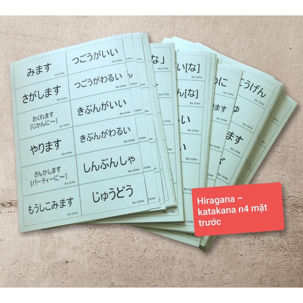 Flashcard Tiếng Nhật N4 - Bộ thẻ học từ vựng Hiragana + Katakana bài 26 - 50