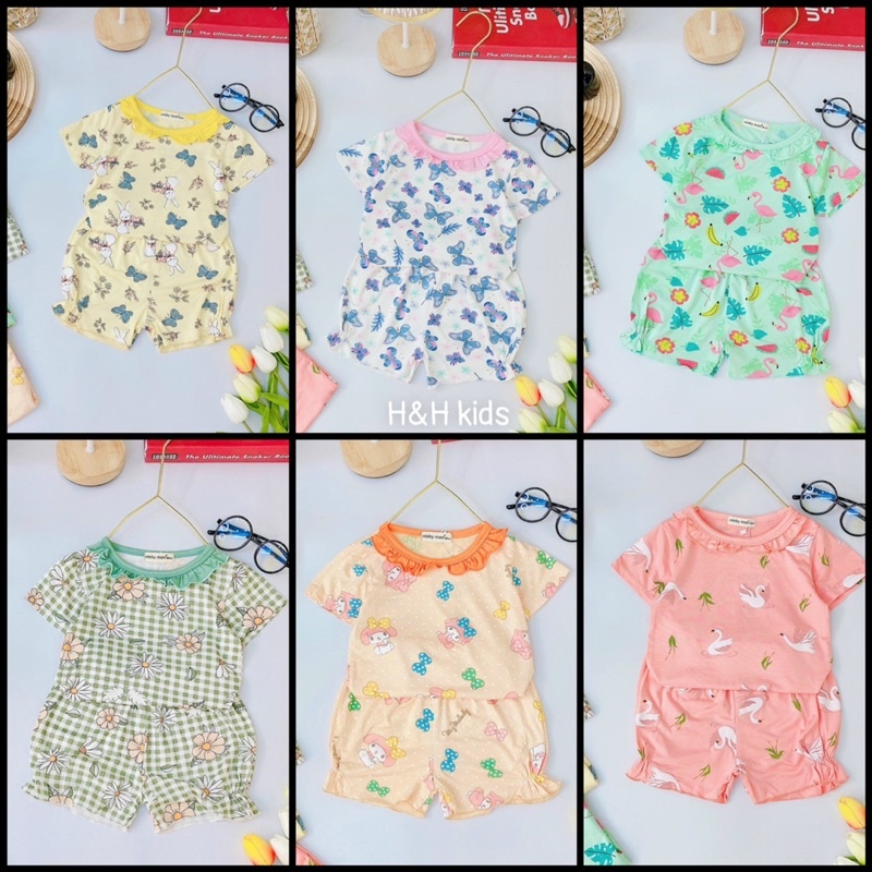NT098 Bộ cộc tay thun lạnh Minky Mom cho bé gái cổ bèo nhún hoạ tiết hoa nhí siêu xinh