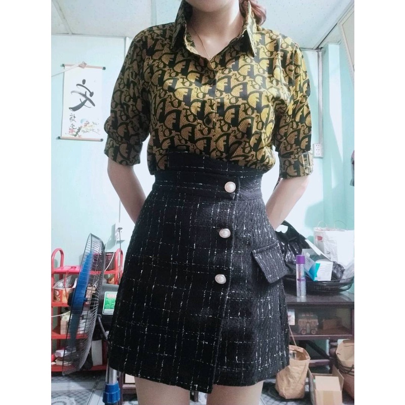 Chân Váy Dạ Tweed Cạp Lệch Dáng Chữ A Ngắn Có quần Lót Trong 3 Cúc Túi Nắp Thời Trang Nữ M353