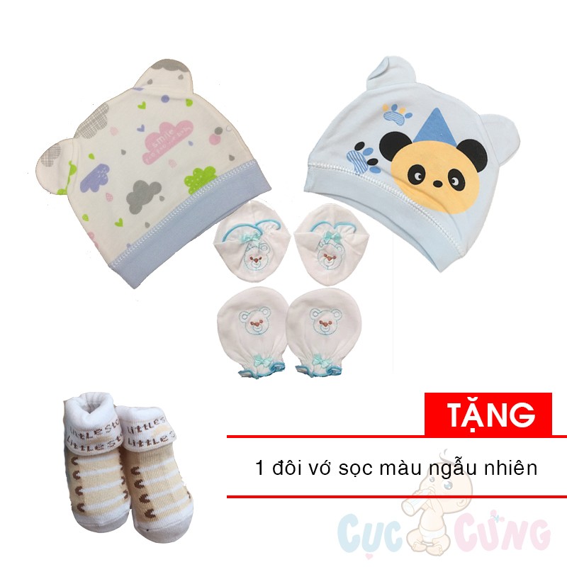 Combo 2 nón sơ sinh cho bé (bé trai) +  bao tay bao chân thêu TẶNG 1 đôi vớ cho bé sọc