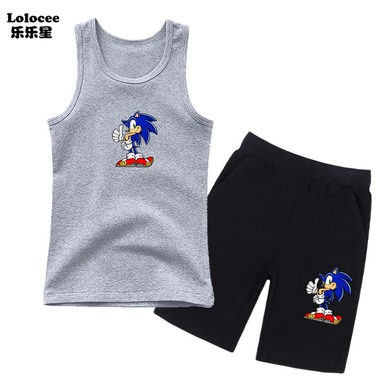 Bé trai Phim hoạt hình Sonic Hedgehog Bộ quần áo Bé trai Xe tăng không tay và quần sooc 2 mảnh Bộ quần áo Bé trai Bộ thể thao
