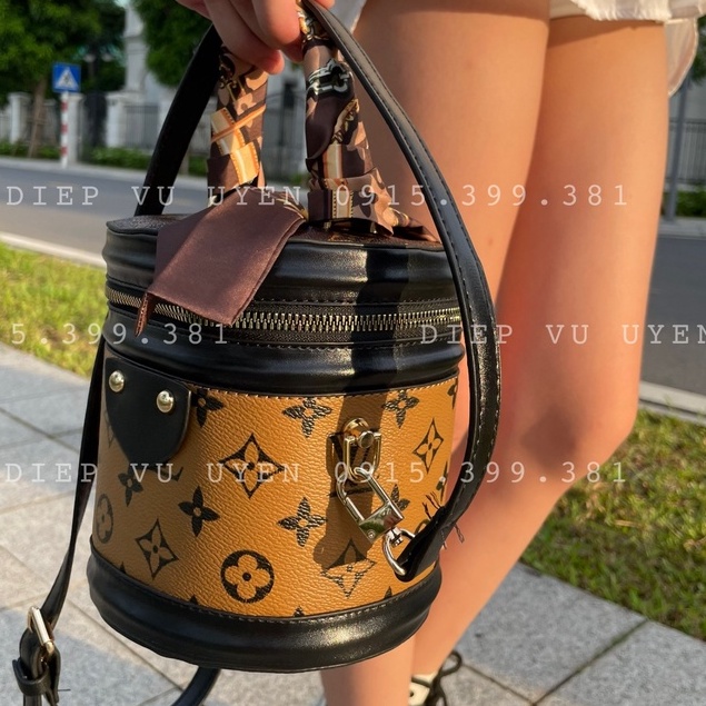 Túi cặp lồng nữ - giỏ LV dáng đứng cốp LV ngang màu nâu kèm dây da đeo chéo da PU