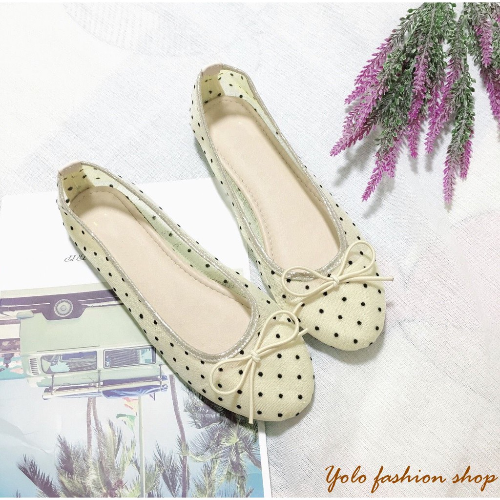 Hình thật B4-Giày bệt búp bê nữ phối lưới chấm bi xinh xắn | BigBuy360 - bigbuy360.vn