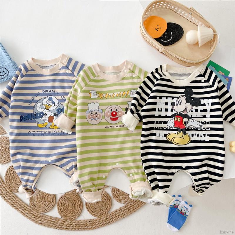 Áo liền quần cổ tròn kẻ sọc in hoạt hình vui nhộn dành cho bé sơ sinh