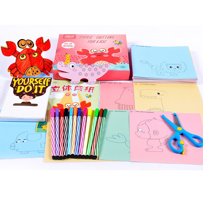 Bộ thủ công cắt giấy 3D gồm kéo, 12 bút màu và 40 tờ thủ công cho bé