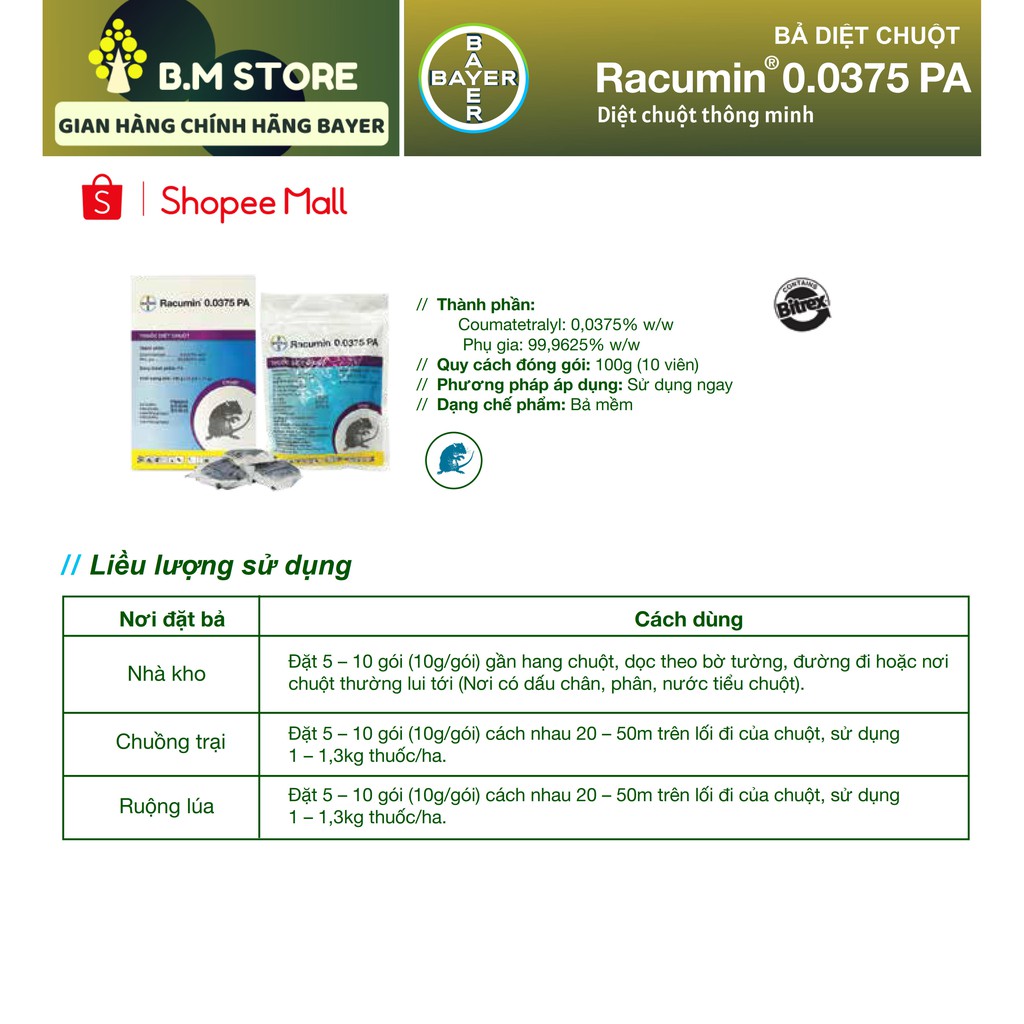 Bả diệt chuột Racumin 0.0375PA - Hộp 10 gói (10g/gói)