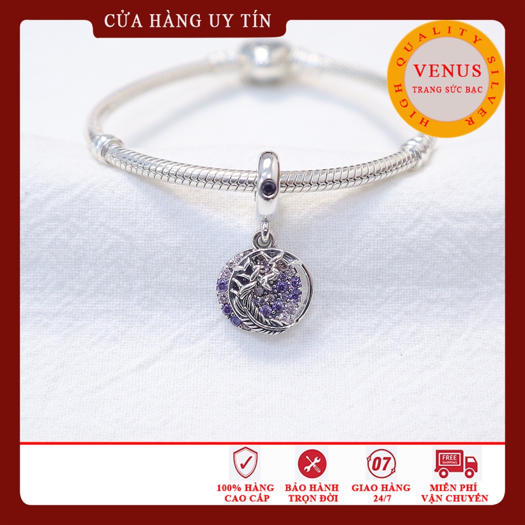 [Charm bạc 925 cao cấp] Charm treo lông vũ mặt tròn đá hồng tím- Mã sản phẩm VENUSN1