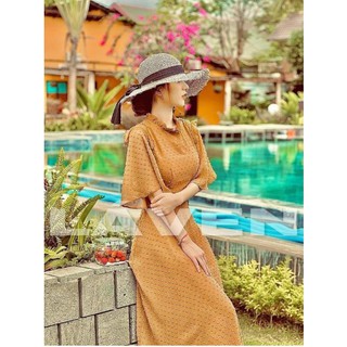 Đầm ren bi nổi cột nơ lưng