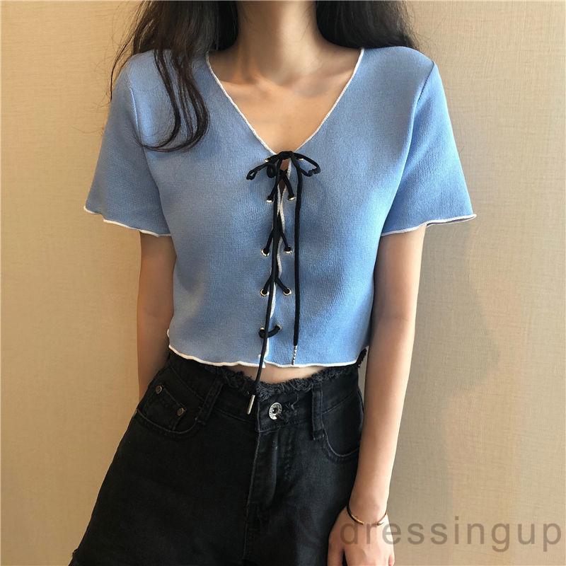 [Mã FAMAYWA giảm 10K đơn 50K] Áo Croptop Tay Ngắn Cổ Chữ V Thiết Kế Cột Dây Quyến Rũ Cho Nữ | BigBuy360 - bigbuy360.vn