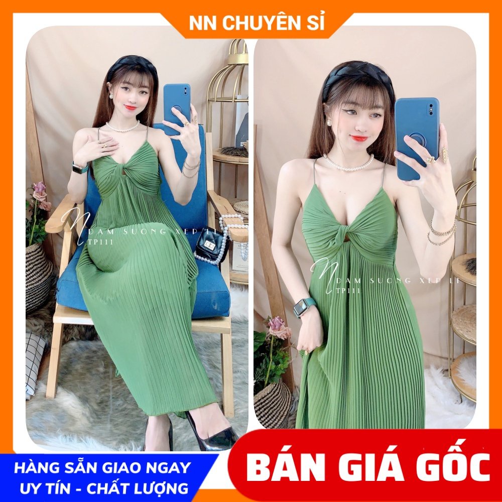 Đầm voan xếp li 2 dây xoắn ngực vải mềm mát  Đầm bầu dễ thương TP111