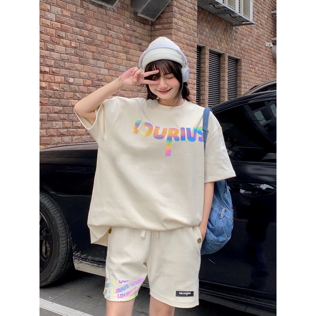 Bộ Sản Phẩm Áo Thun, Quần Ngắn Unisex Thun Gân 2 Màu Đen, Kem In Phan Quang