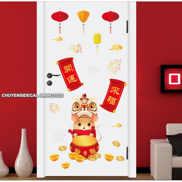 Decal dán Tết - Chuột đánh trống Múa Lân bảng hỷ