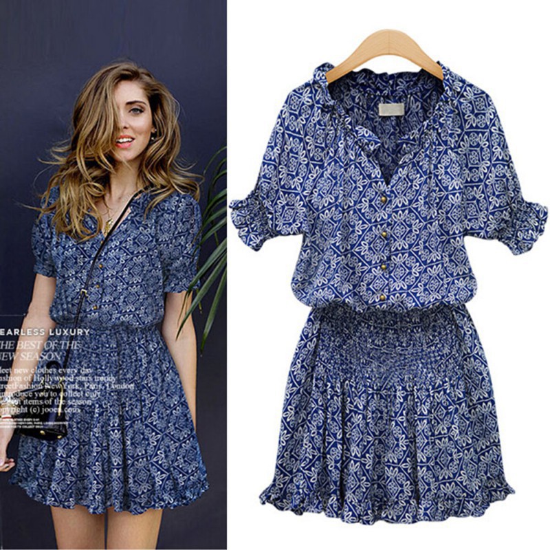 Đầm tay ngắn bo thun cỗ chữ V in họa tiết hoa | BigBuy360 - bigbuy360.vn