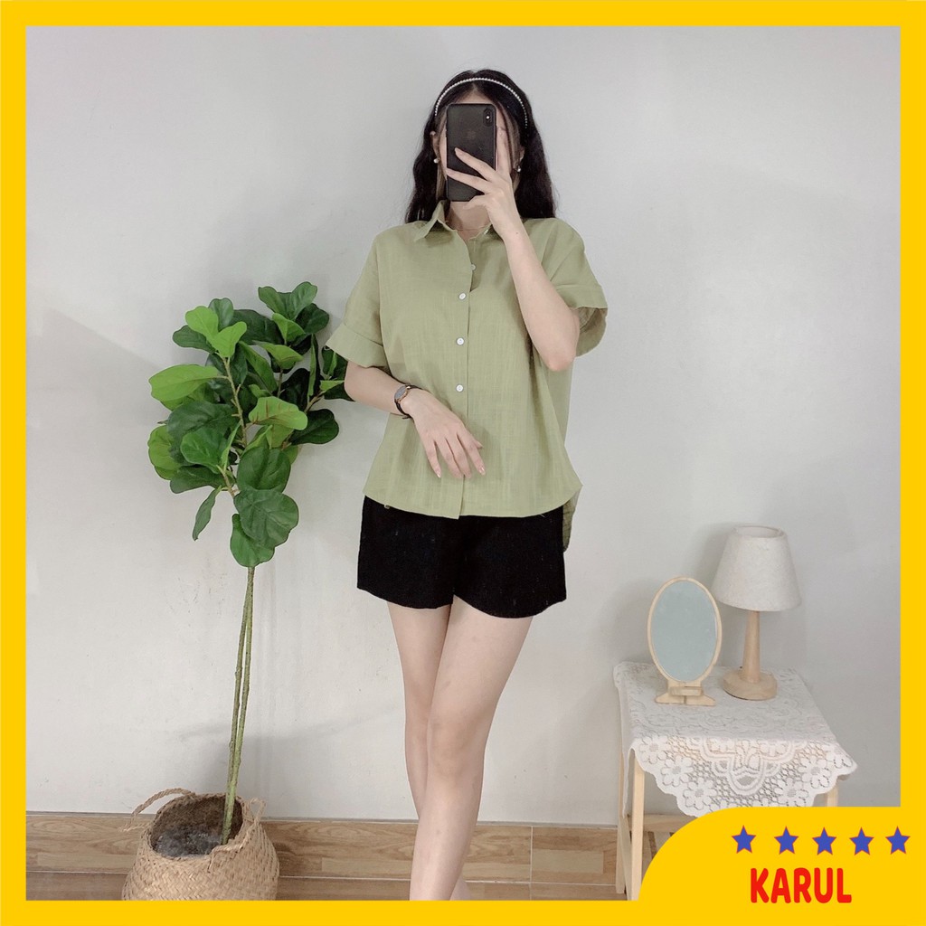 Áo sơ mi nữ cộc tay  cách điệu khuy sau, áo sơ mi nữ chất thô xước 3 màu  trắng , be , cốm | BigBuy360 - bigbuy360.vn