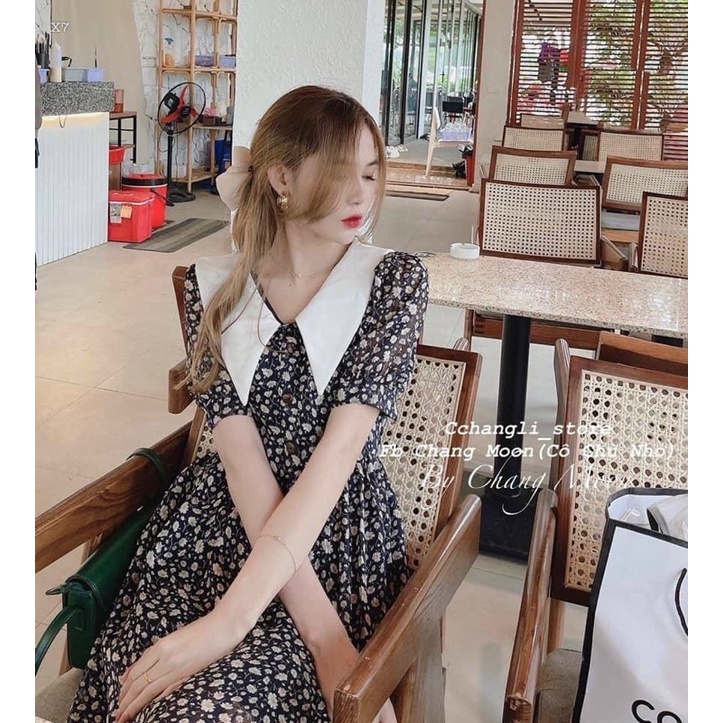 ĐẦM MIDI HOA ĐEN CỔ TRẮNG NHỌN