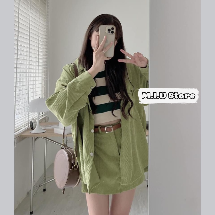 Set áo khoác sơ mi nhung tăm dài tay mix chân váy chữ A trẻ trung