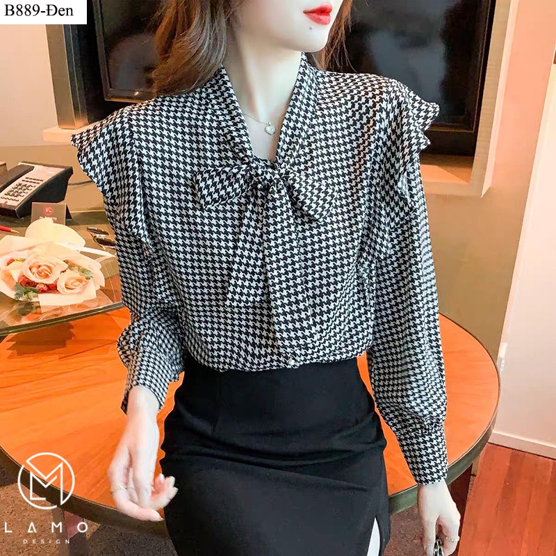 Áo sơ mi công sở nữ hoạ tiết kiểu hàn quốc đẹp cột nơ LAMO-B889 | BigBuy360 - bigbuy360.vn