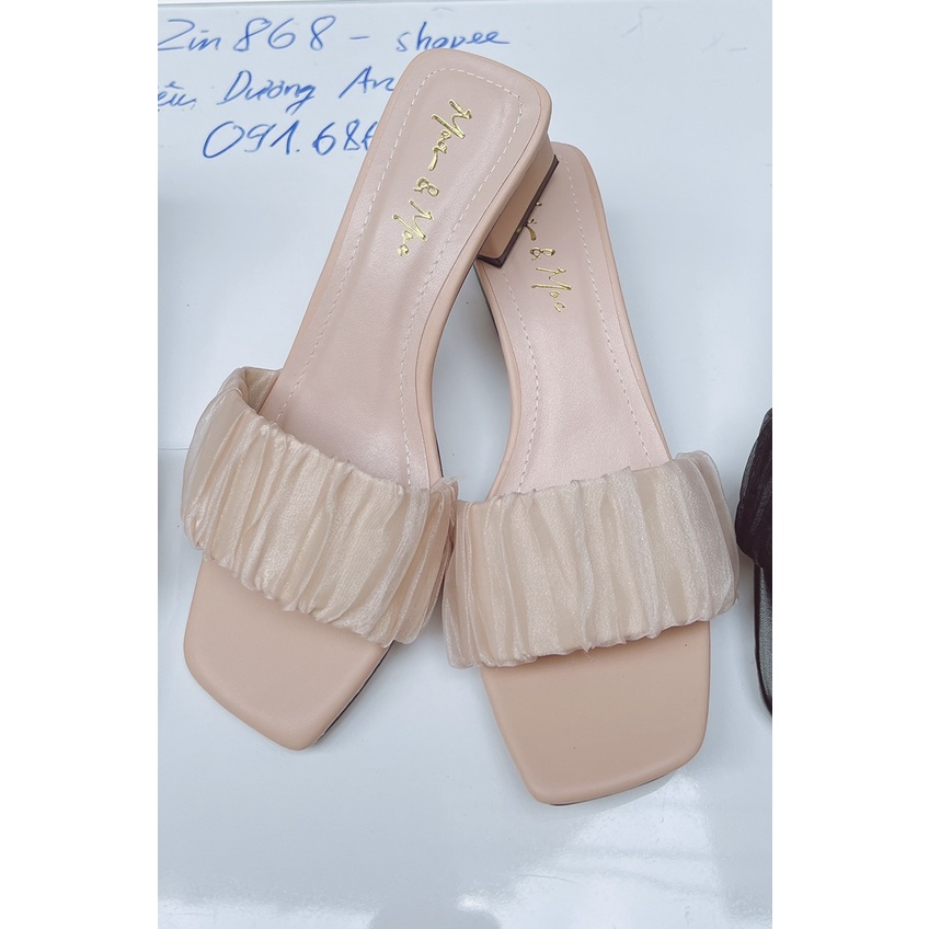 ZZ99- Dép/ guốc cao gót 4 phân gót vuông( nhún meka kết hợp voan)- bèo 4f