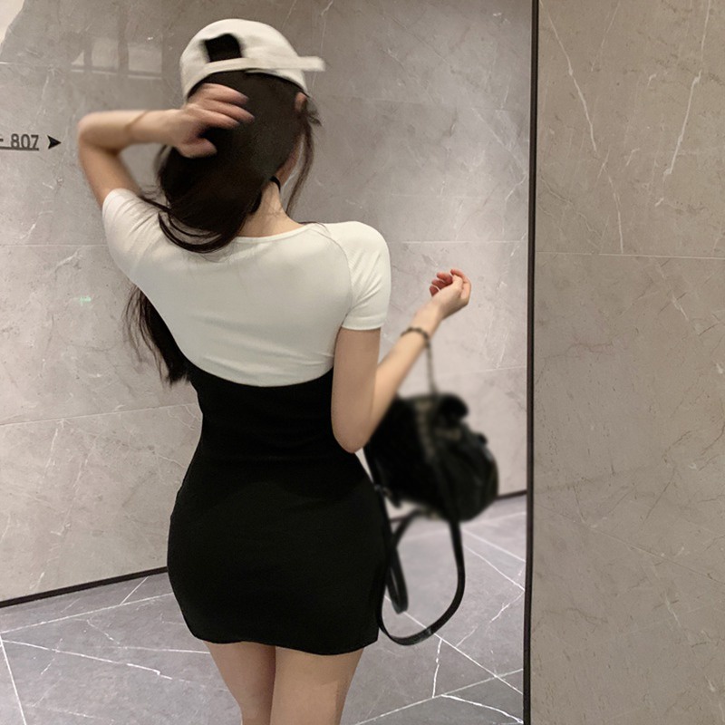 Đầm Ngắn Tay Cổ Tròn Phối Màu Tương Phản Thời Trang Hàn Quốc Cho Nữ