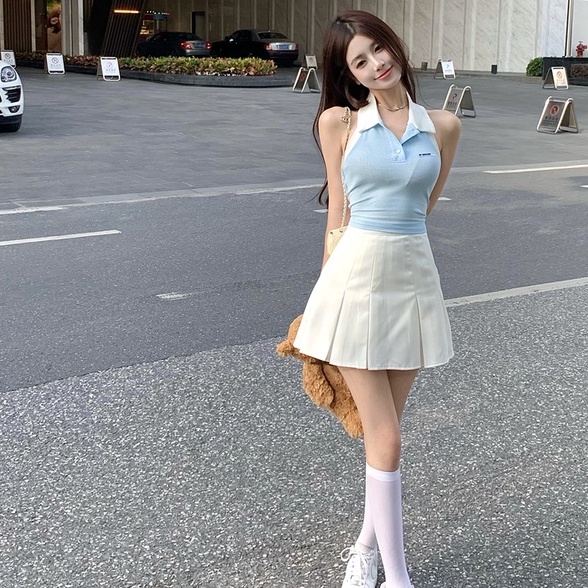 Áo ZHELIHANGFEI dệt kim không tay cổ polo hở vai lưng phong cách gợi cảm cho nữ