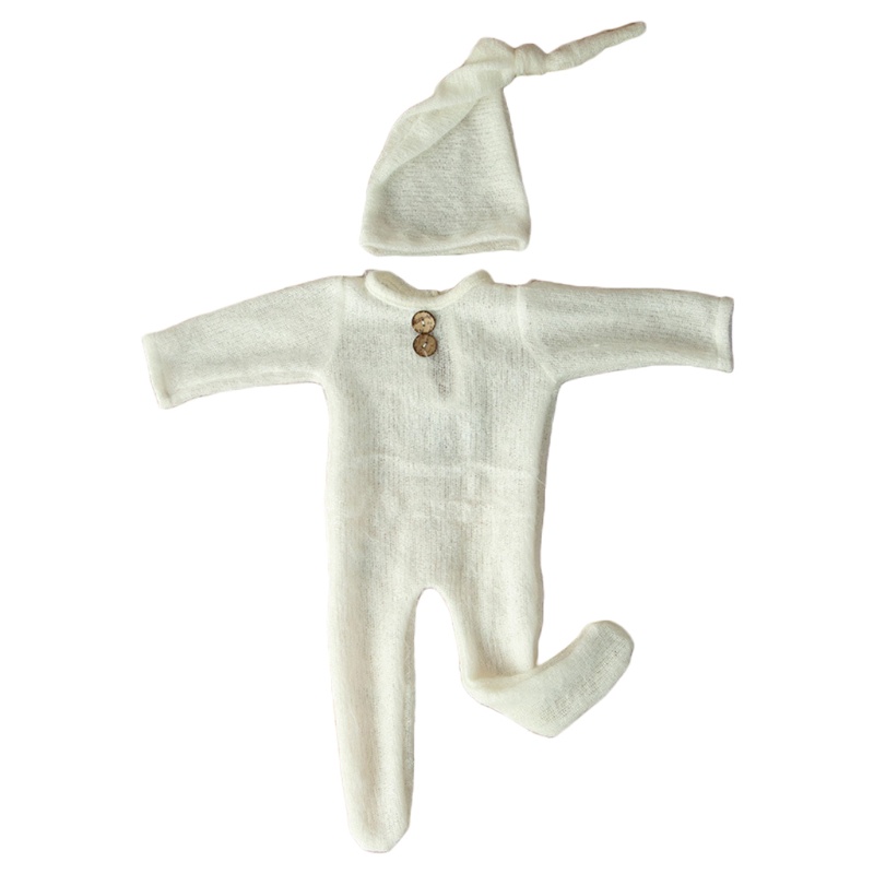 Set Đồ 2 Món Gồm Áo Liền Quần + Nón + Băng Cài Đầu Làm Phụ Kiện Chụp Ảnh Cho Bé Sơ Sinh