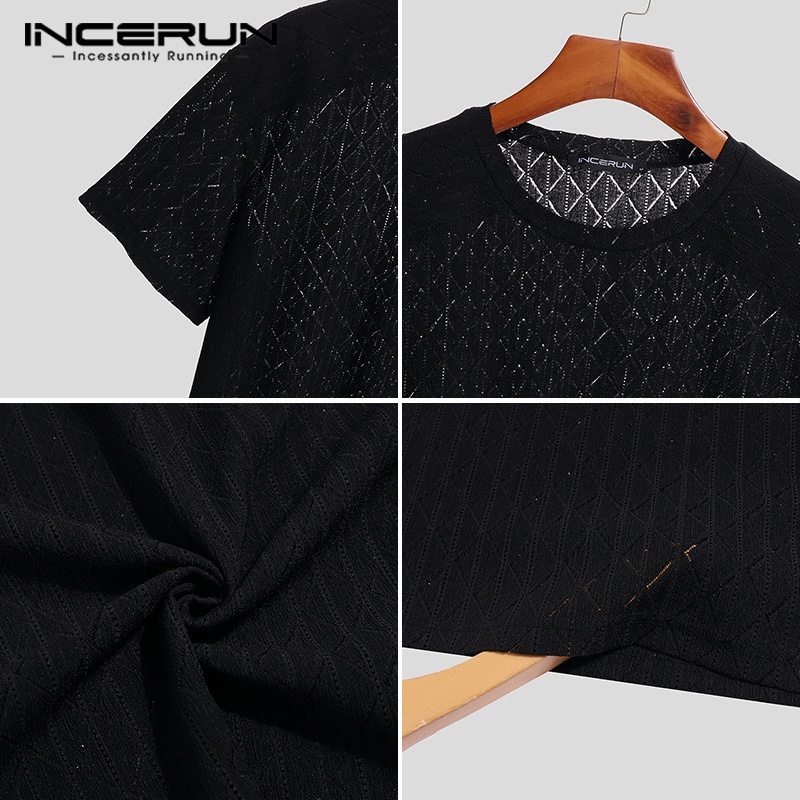 Áo thun lưới INCERUN tay ngắn màu trơn dáng rộng phong cách retro cho nam giới