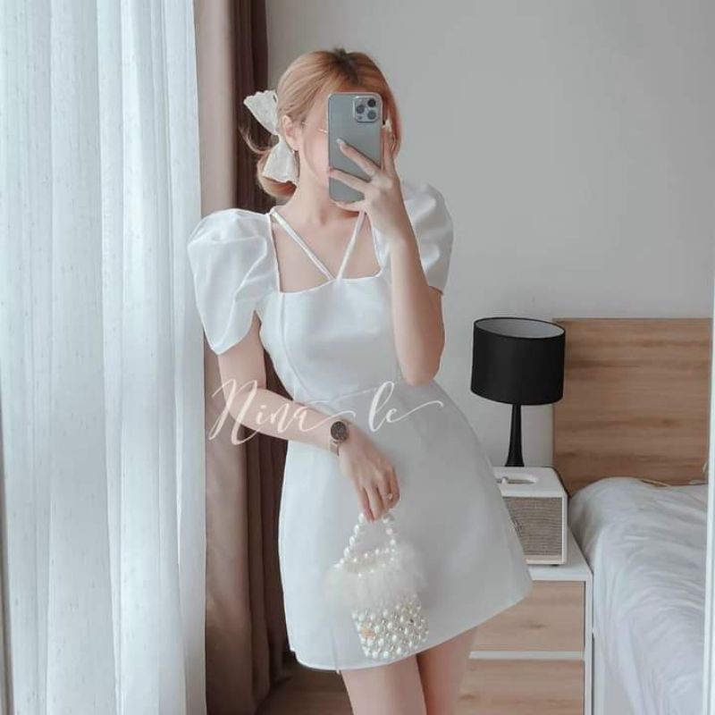 Đầm cổ vuông dây chéo tay phồng