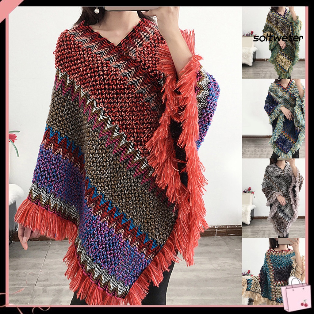Áo choàng dệt kim cổ chữ V phối tua rua nhiều màu thời trang thu đông cho nữ