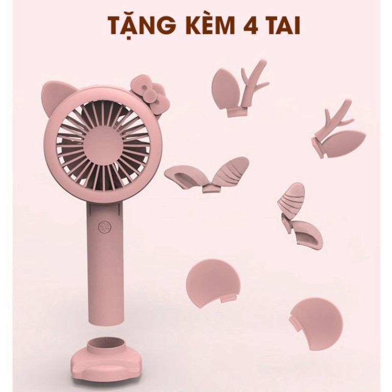 Quạt cầm tay IMEBOBO quạt cầm tay tích điện mini 3 tốc độ tặng kèm 4 cặp nơ trang trí siêu cute