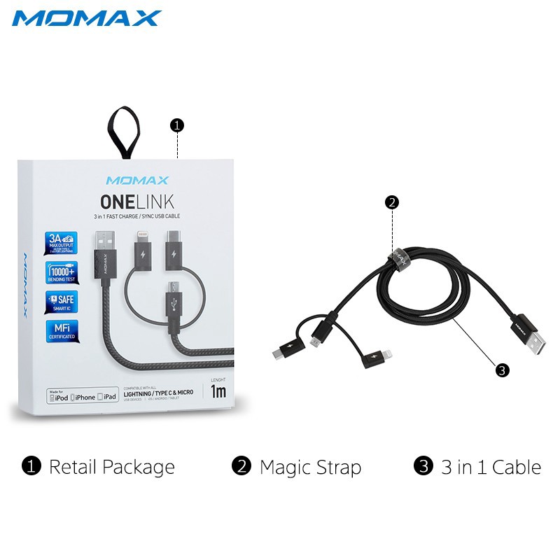 Momax 3 in 1 USB A to Type C Data Lightning USB MFi Cables for iPhone Samsung