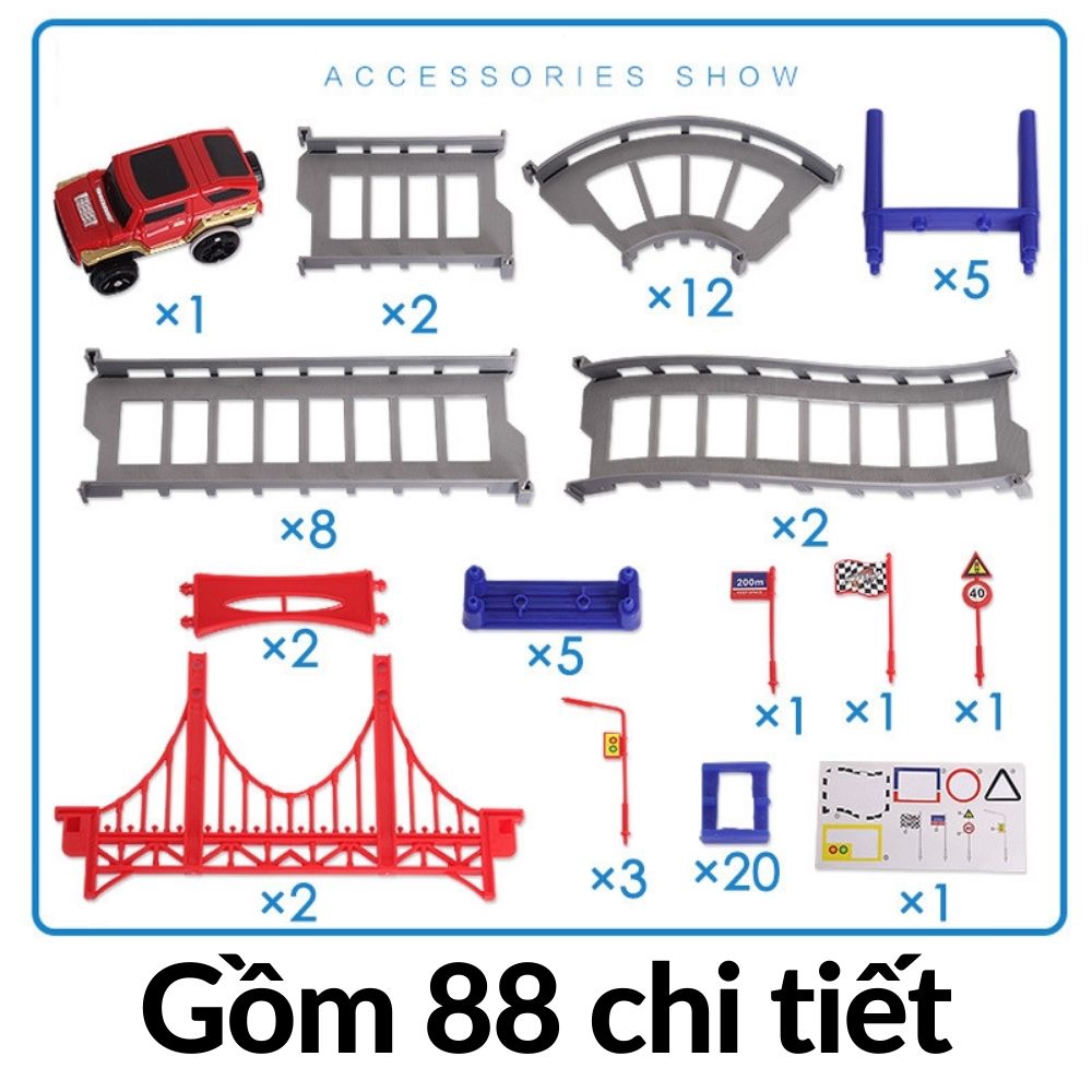 Đồ chơi xếp hình khối lắp ráp đường ray xe đua 88 chi tiết cho trẻ em bé mã 53513