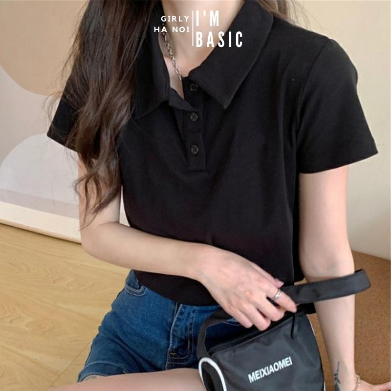 Áo croptop I'm Basic Girly nữ màu trắng cổ polo vải cotton co giãn thoáng mát croptop ngắn tay thun đẹp (APL02) | BigBuy360 - bigbuy360.vn
