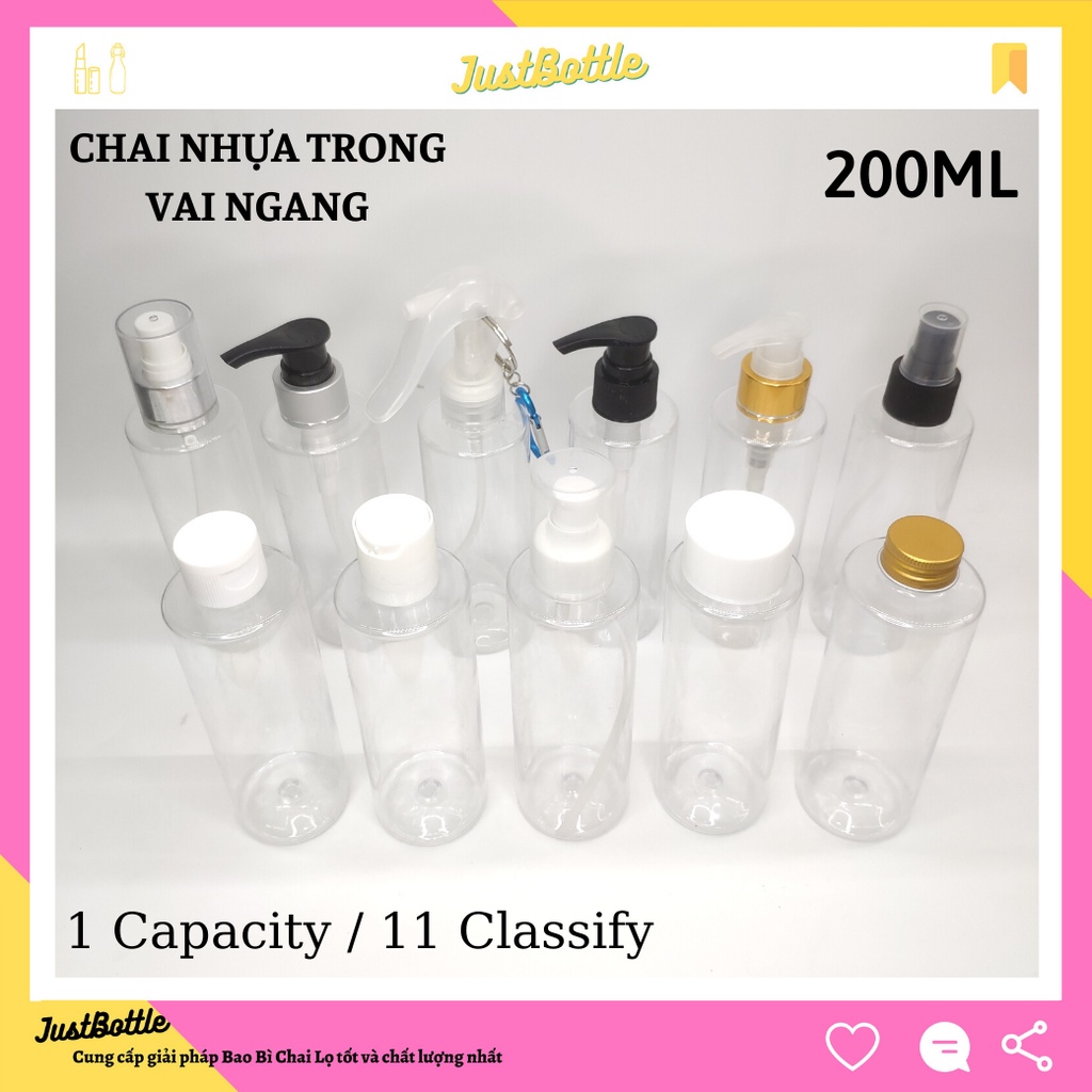 CHAI CHIẾT MỸ PHẨM 200ML TRONG VAI NGANG /VÒI NHẤN XỊT GIỌT/ TONER/ CÒ CHUỘT/ BẬT/ NHỌN/ NHÔM/ VÒI SỮA TẮM - LỌ NHỰA PET