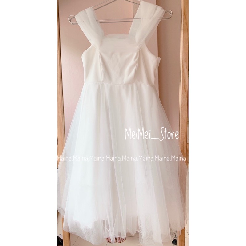 Đầm/váy công chúa midi trắng dự tiệc hàng chuẩn loại 1, bốn lớp bồng bềnh có ảnh thật Maina