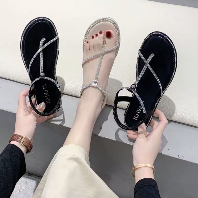 D1-Sandal xỏ ngón dây mảnh đính đá thời trang nữ